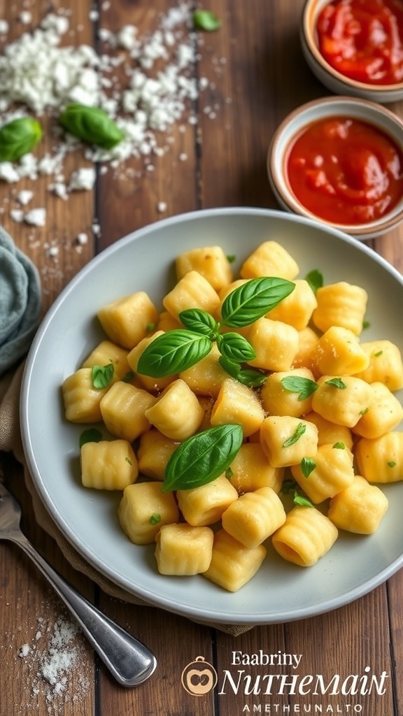 Homemade cauliflower gnocchi served with butter and basil, alongside marinara sauce on a rustic table.
